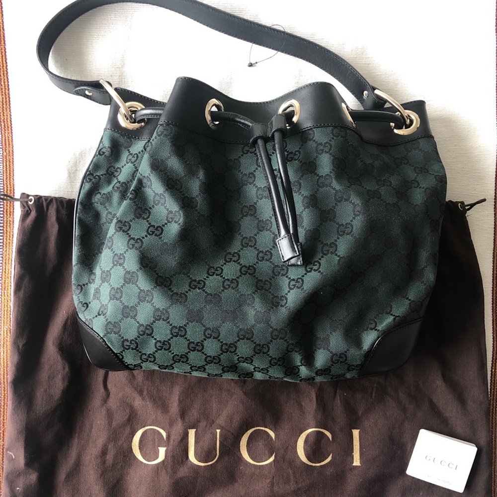 Gucci Drawstring Shoulder Bag Dark Green Canvas
